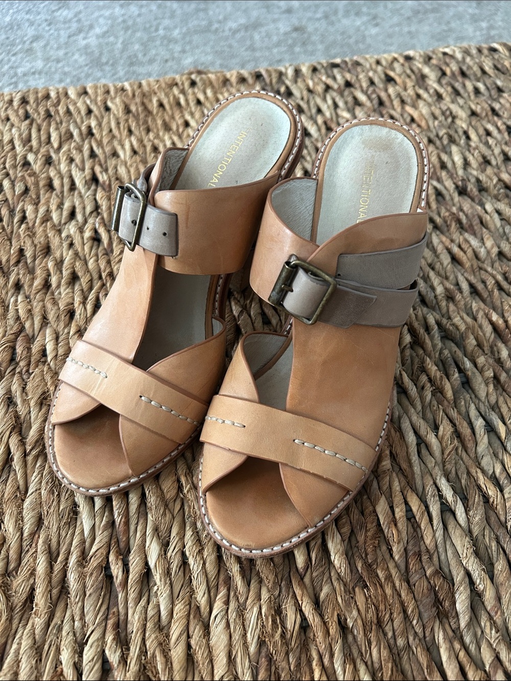 Intentionally Blank Tan and Taupe Leather Slide Mules with Buckle
